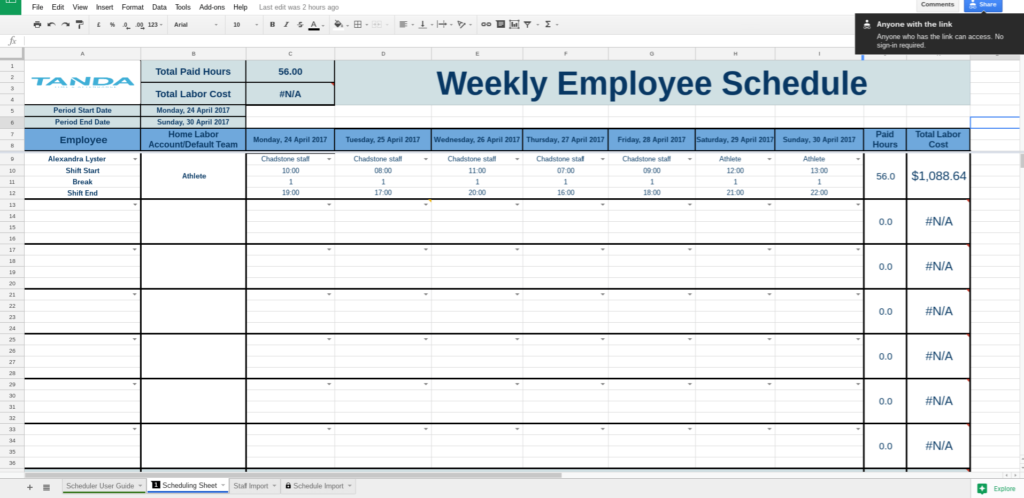 Free Work Schedule Templates for Google Spreadsheets Tanda